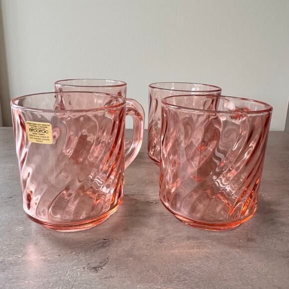 Vintage Rosaline Arcoroc Pink Swirl Glass Coffee Cup France Set of 4 8 ounces - Picture 7 of 8